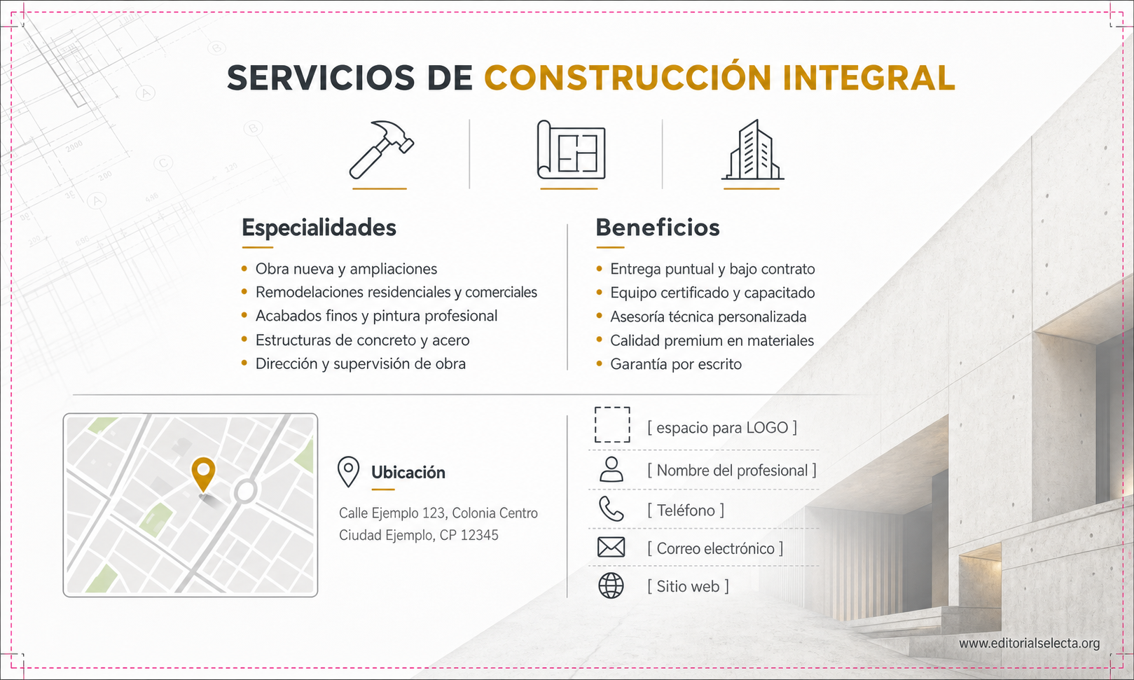 Tarjeta de Presentación Estándar · Construcción en general (Reverso)