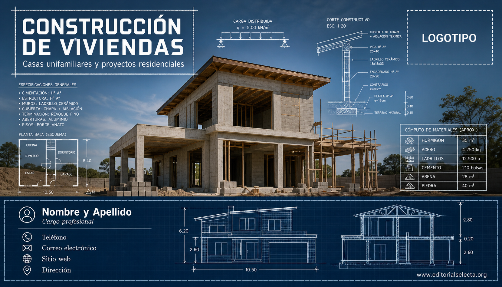 Tarjeta de Presentación Estándar · Residencial: Construcción de viviendas, casas unifamiliares, (Frente)
