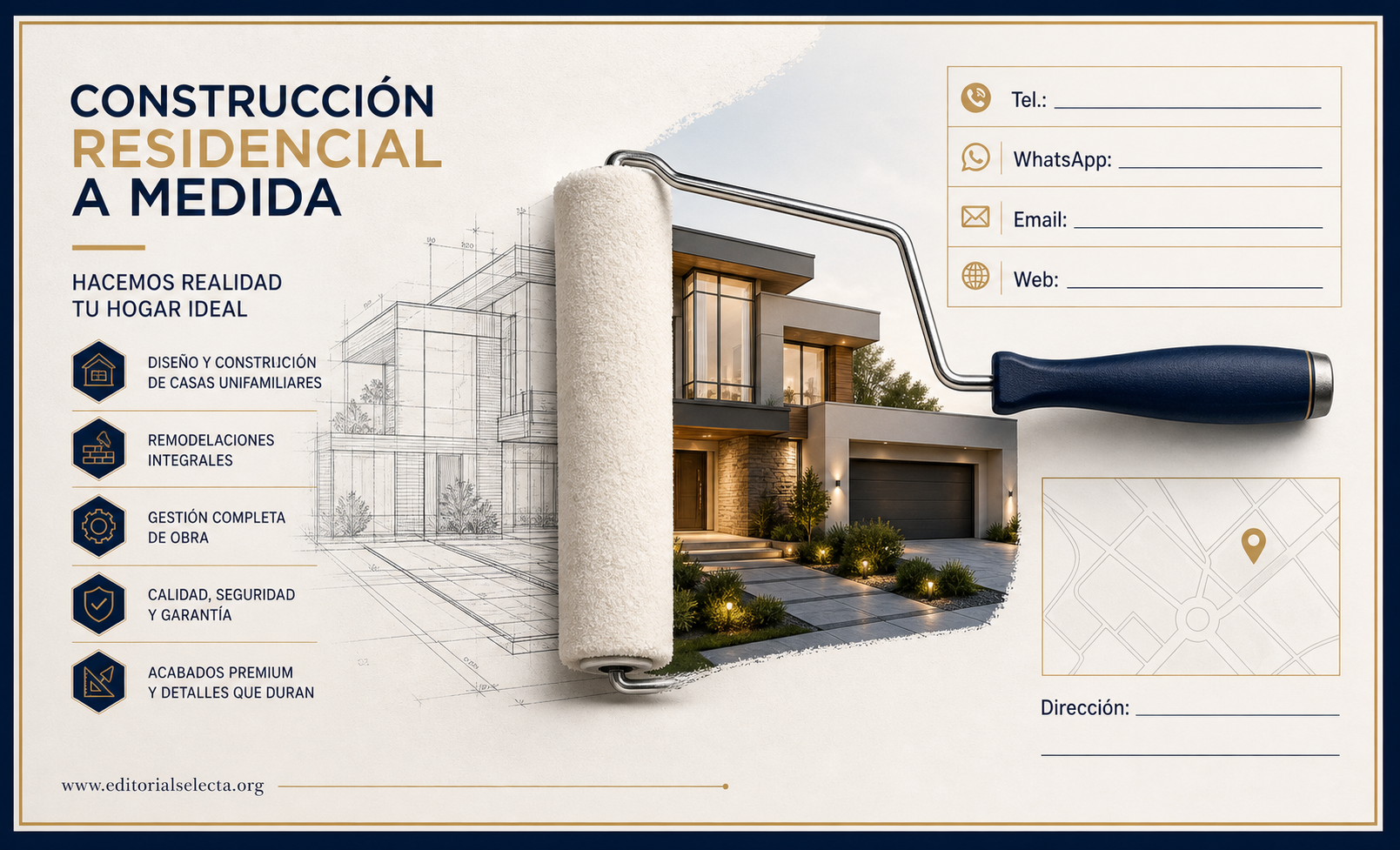 Tarjeta de Presentación Estándar · Residencial: Construcción de viviendas, casas unifamiliares, (Reverso)
