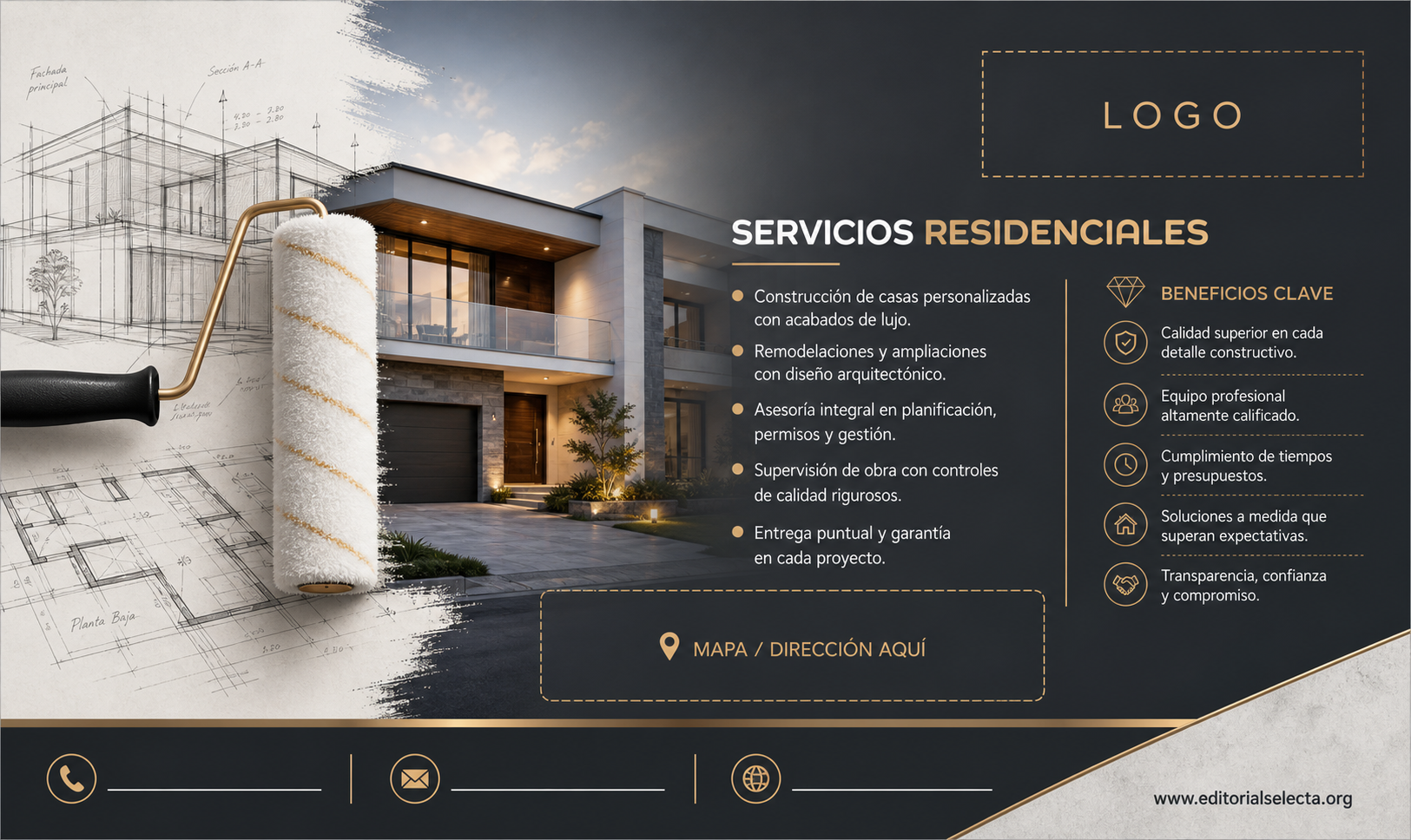 Tarjeta de Presentación Estándar · Residencial: Construcción de viviendas, casas unifamiliares, (Reverso)