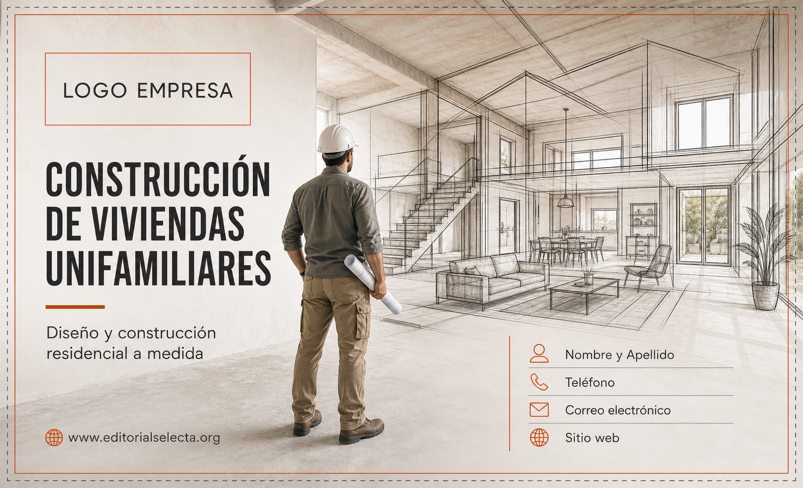 Tarjeta de Presentación Estándar · Residencial: Construcción de viviendas, casas unifamiliares, (Frente)