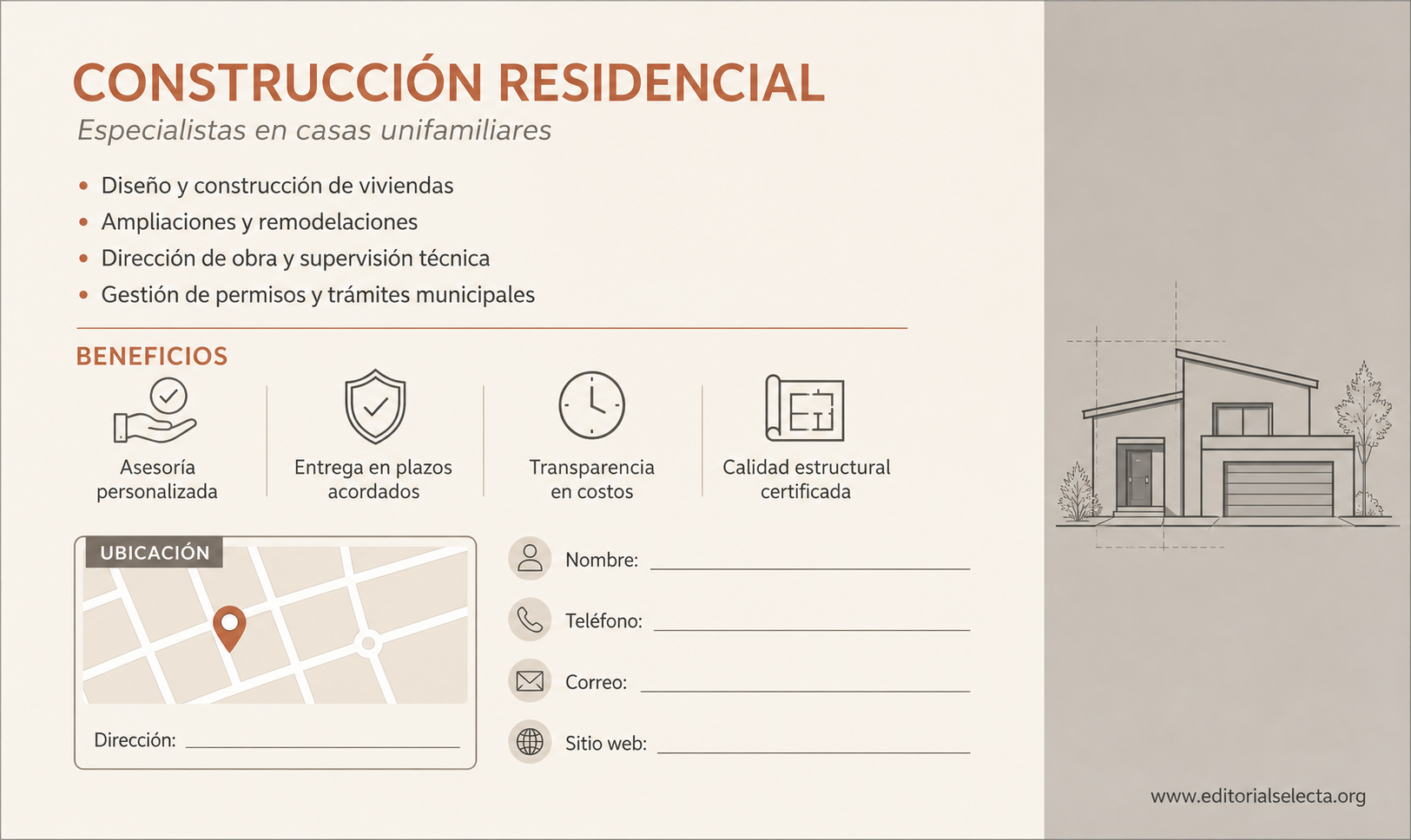Tarjeta de Presentación Estándar · Residencial: Construcción de viviendas, casas unifamiliares, (Reverso)