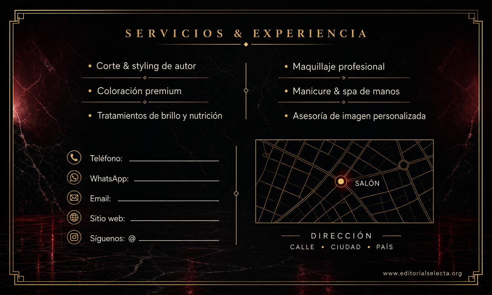 Tarjeta de Presentación Estándar · Salones de belleza (Reverso)