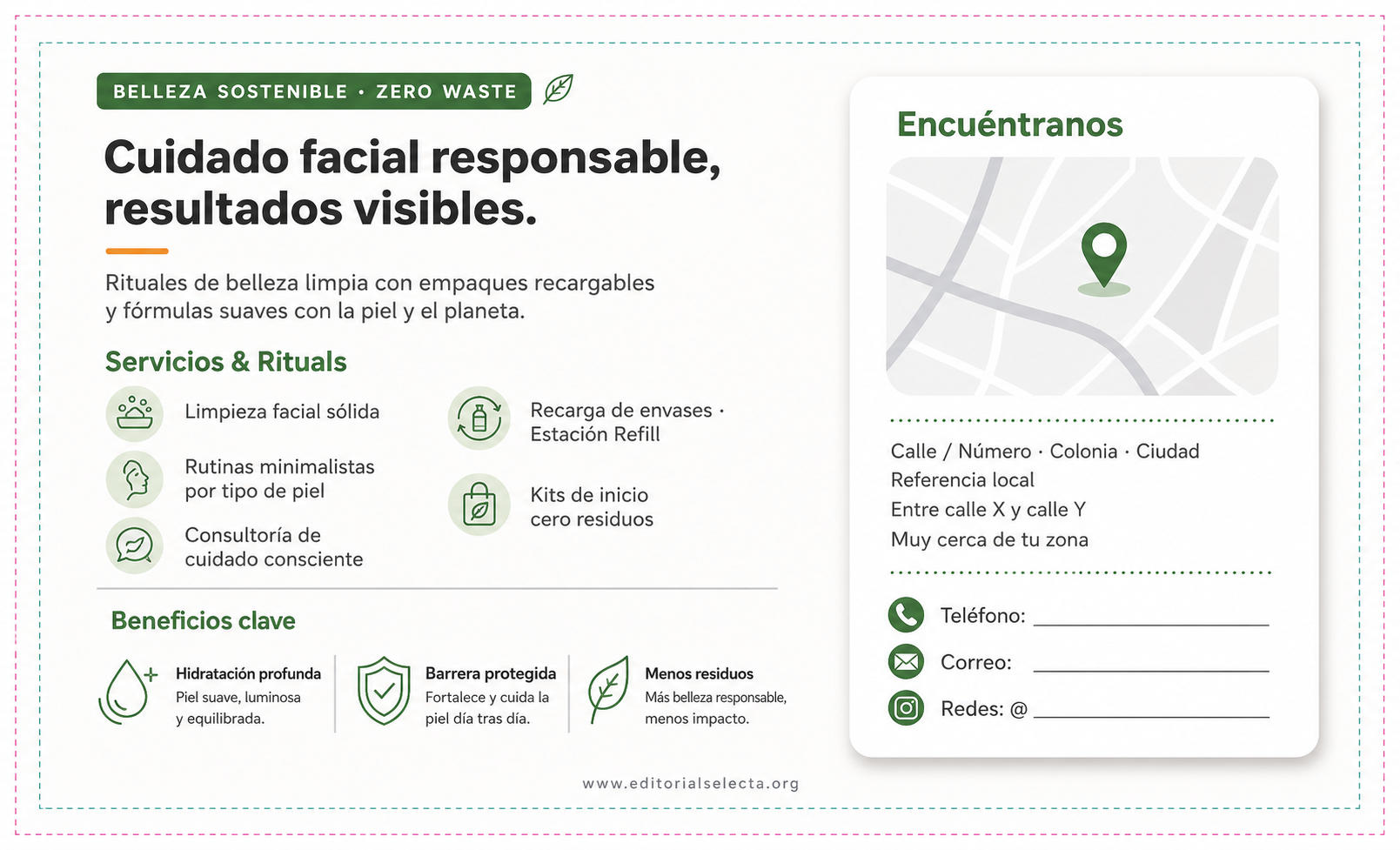 Tarjeta de Presentación Estándar · Belleza Sostenible (Zero Waste): Enfoque ecológico que utili (Reverso)