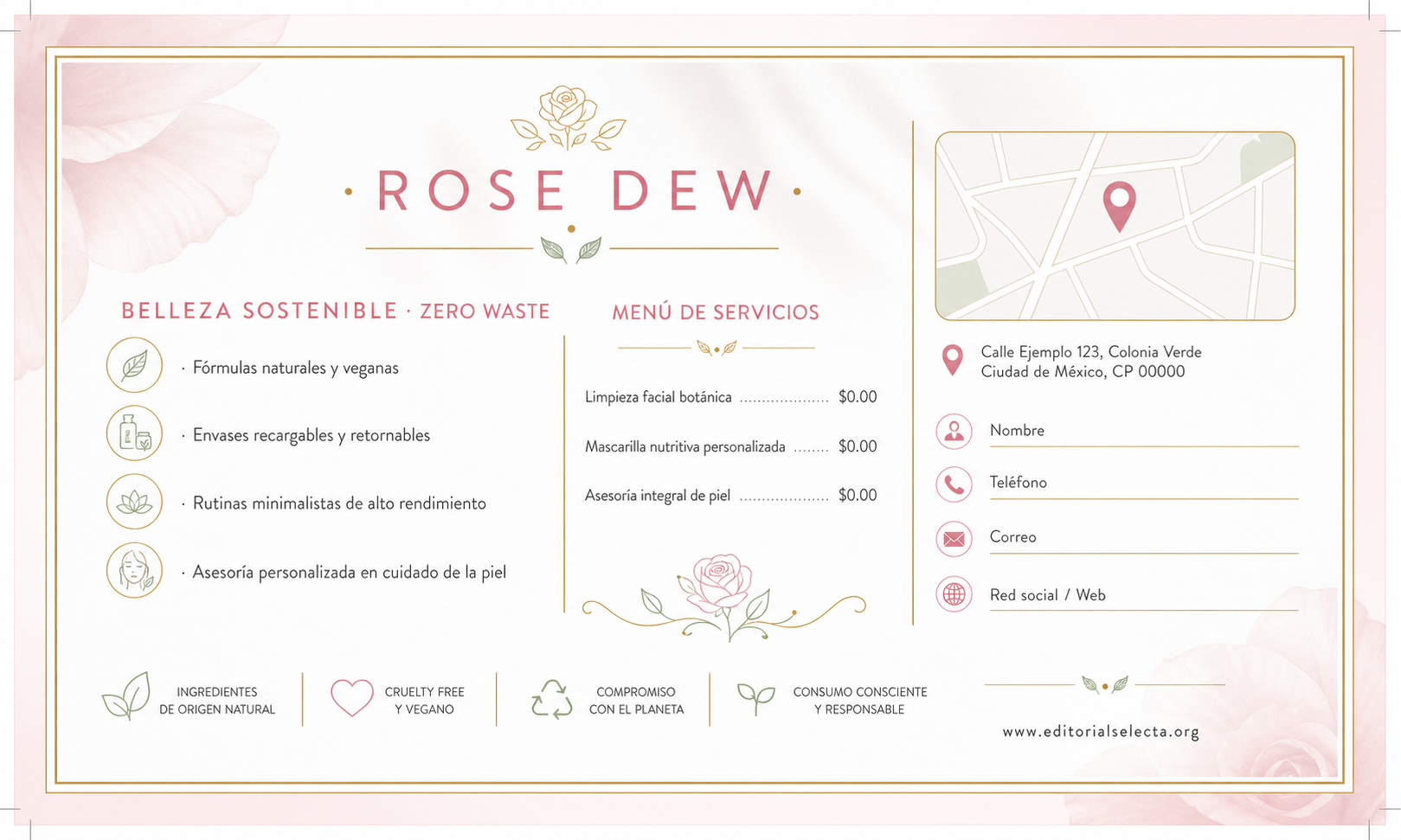 Tarjeta de Presentación Estándar · Belleza Sostenible (Zero Waste): Enfoque ecológico que utili (Reverso)