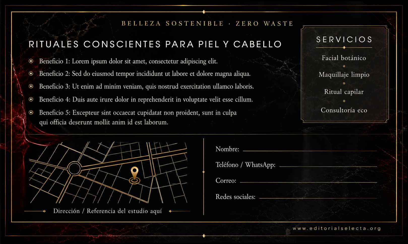 Tarjeta de Presentación Estándar · Belleza Sostenible (Zero Waste): Enfoque ecológico que utili (Reverso)