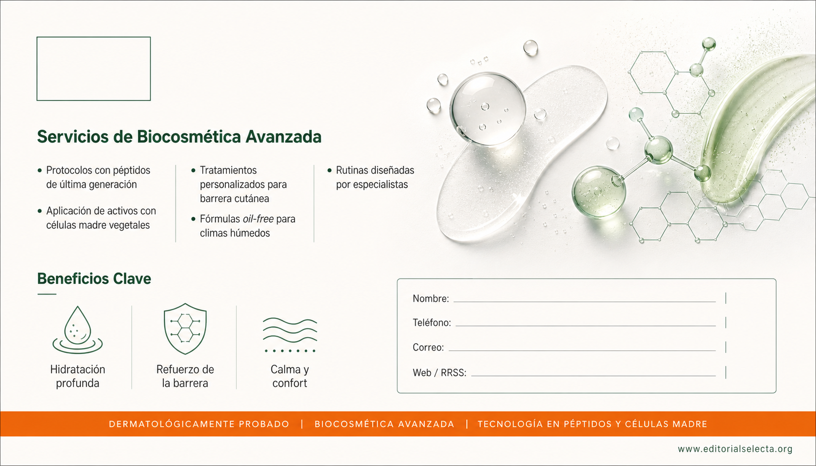 Tarjeta de Presentación Estándar · Biocosmética y Biotecnología: Uso de células madre, péptidos (Reverso)