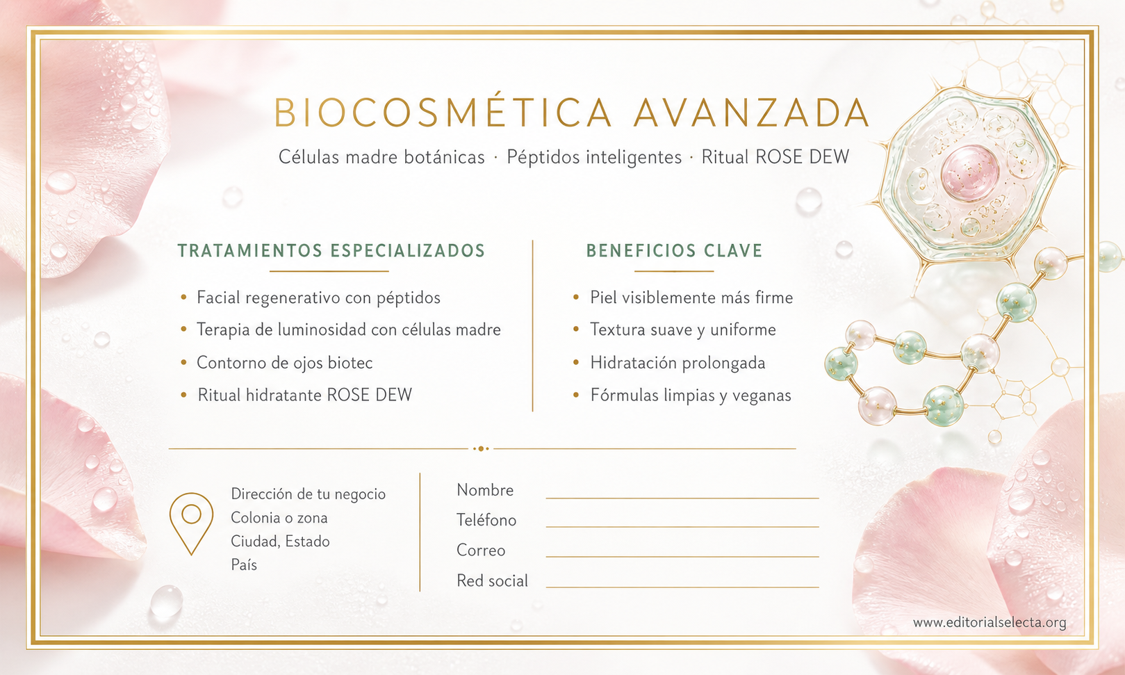 Tarjeta de Presentación Estándar · Biocosmética y Biotecnología: Uso de células madre, péptidos (Reverso)