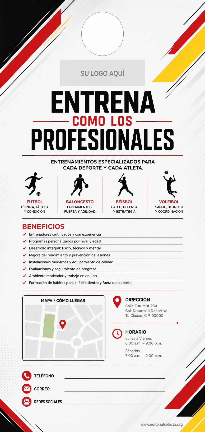 Door Hanger · Deportes de Pelota y Equipo: Fútbol, Baloncesto, Béisbol, Vo (Reverso)