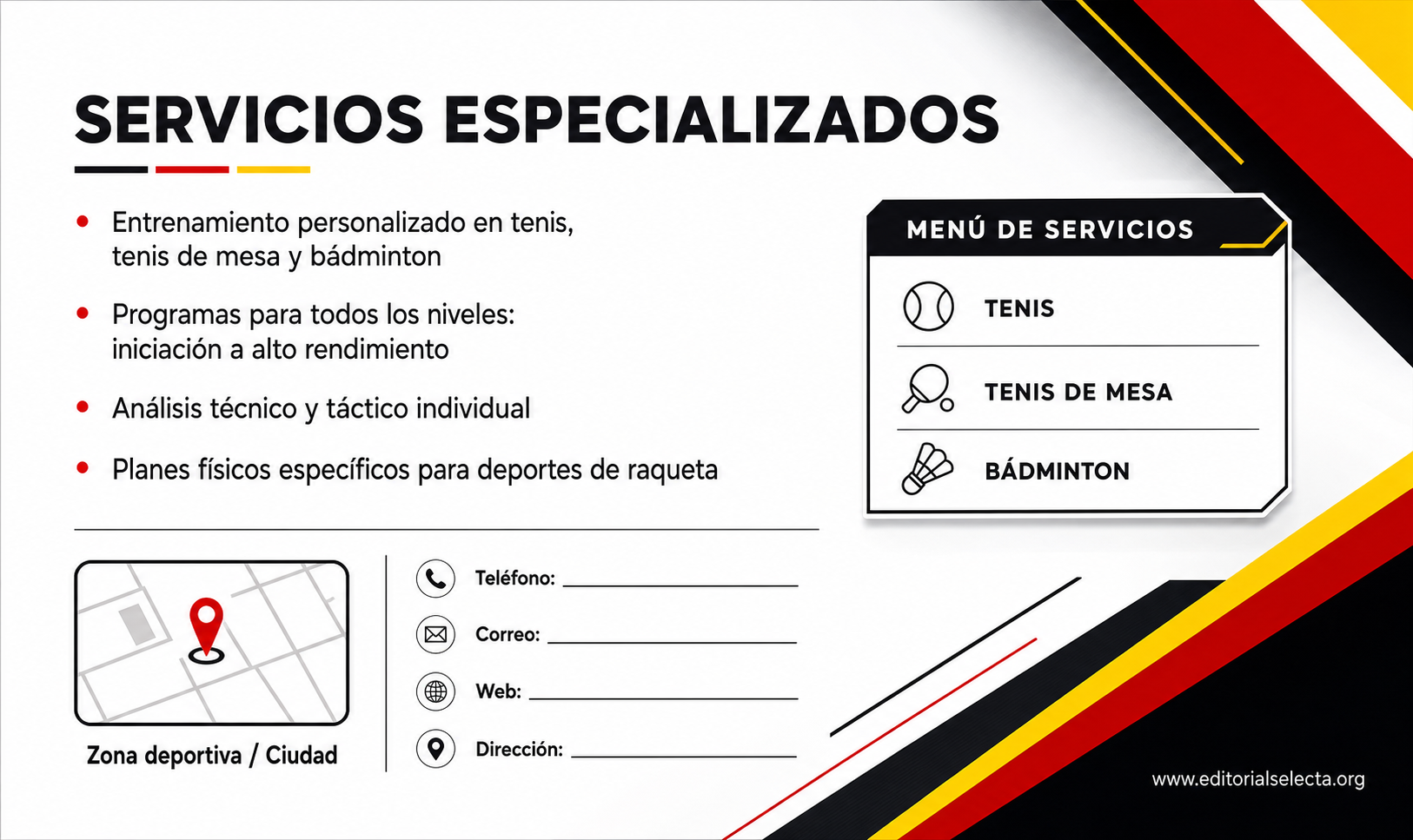 Tarjeta de Presentación Estándar · Deportes Individuales y de Raqueta: Tenis, Tenis de mesa, Bá (Reverso)