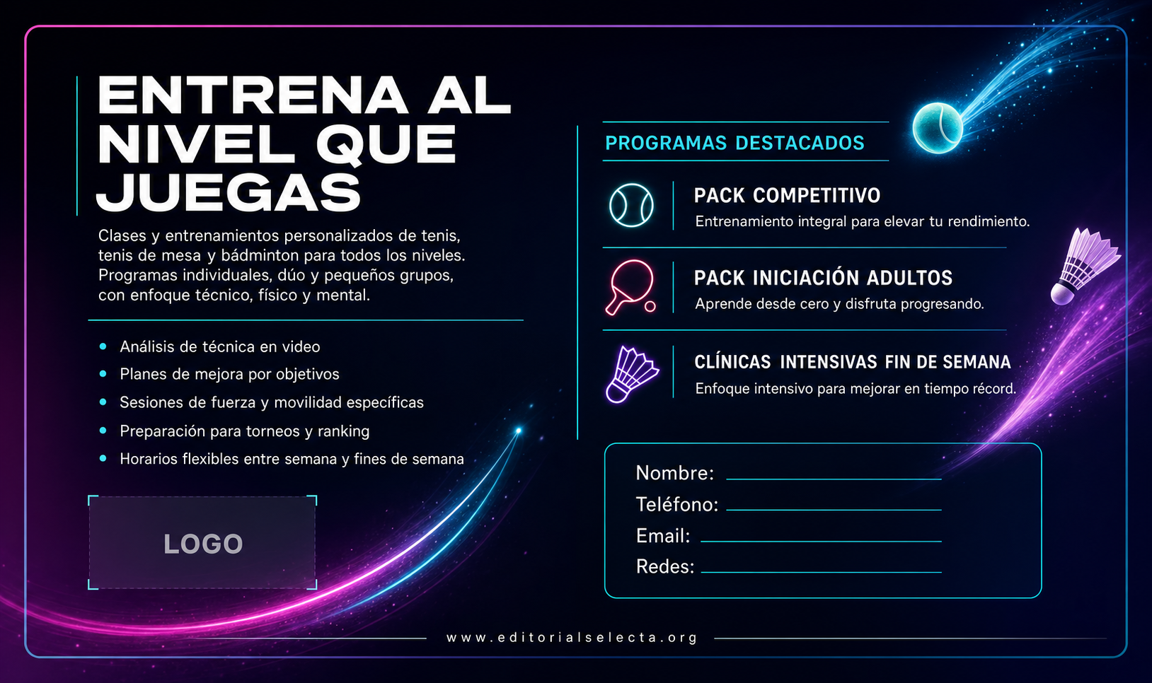Tarjeta de Presentación Estándar · Deportes Individuales y de Raqueta: Tenis, Tenis de mesa, Bá (Reverso)